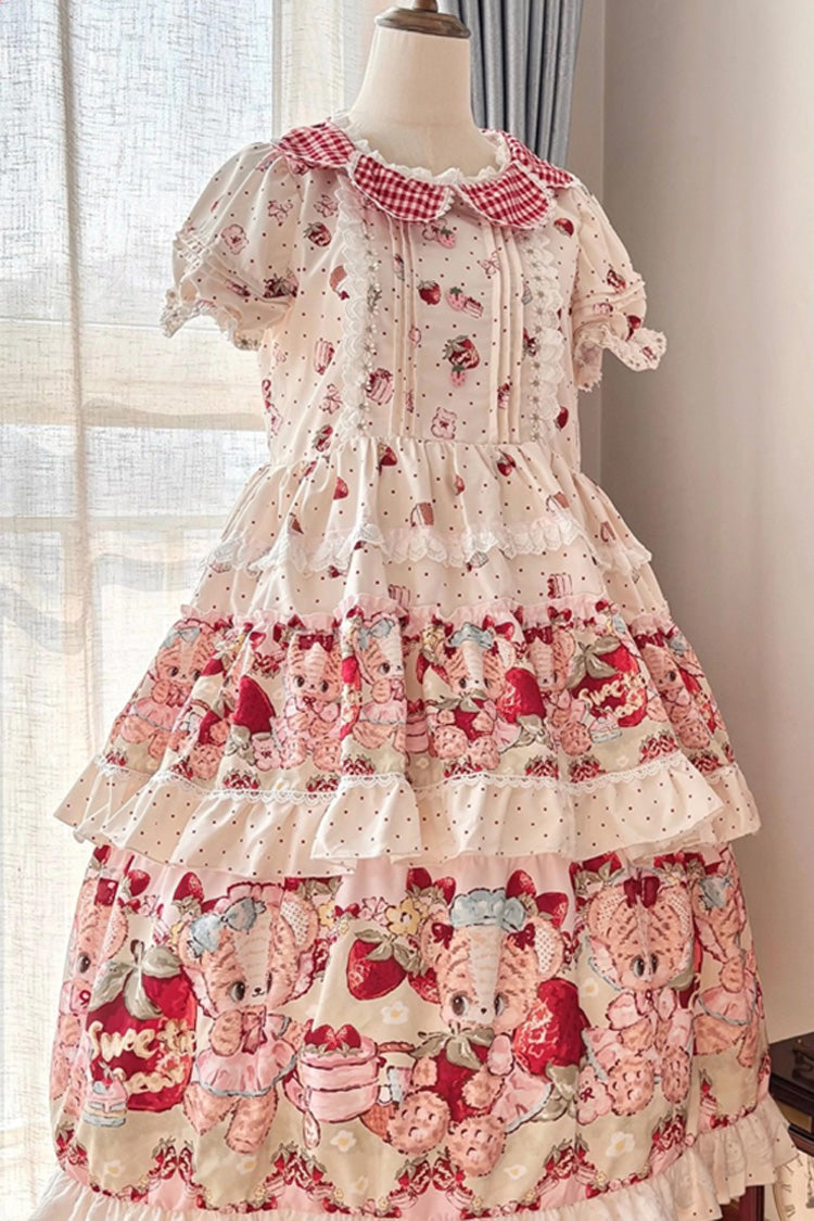 Cream Bear Strawberry Ode Print Short Sleeve Double-Layer Frilled Bow Princess Sweet Lolita JSK Dress