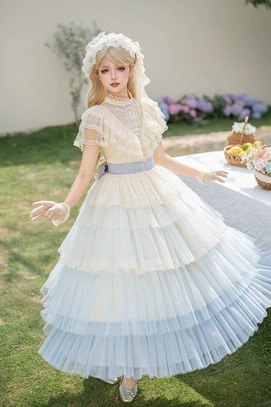 Sweet Lolita Dress with Edwardian Collar and Ombre Ruffles - Blue