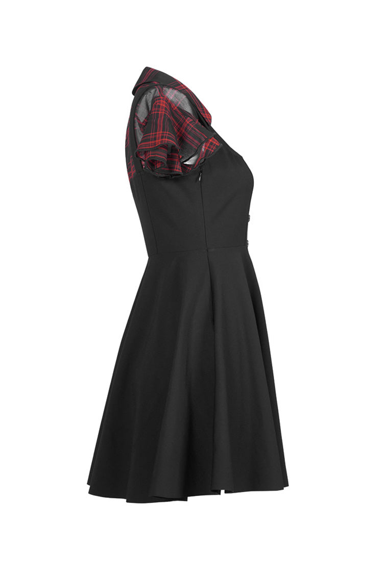 V-Neck Ruffled Short-Sleeved Check Chiffon Waisted Skull Stud Punk Dress - Black/Red
