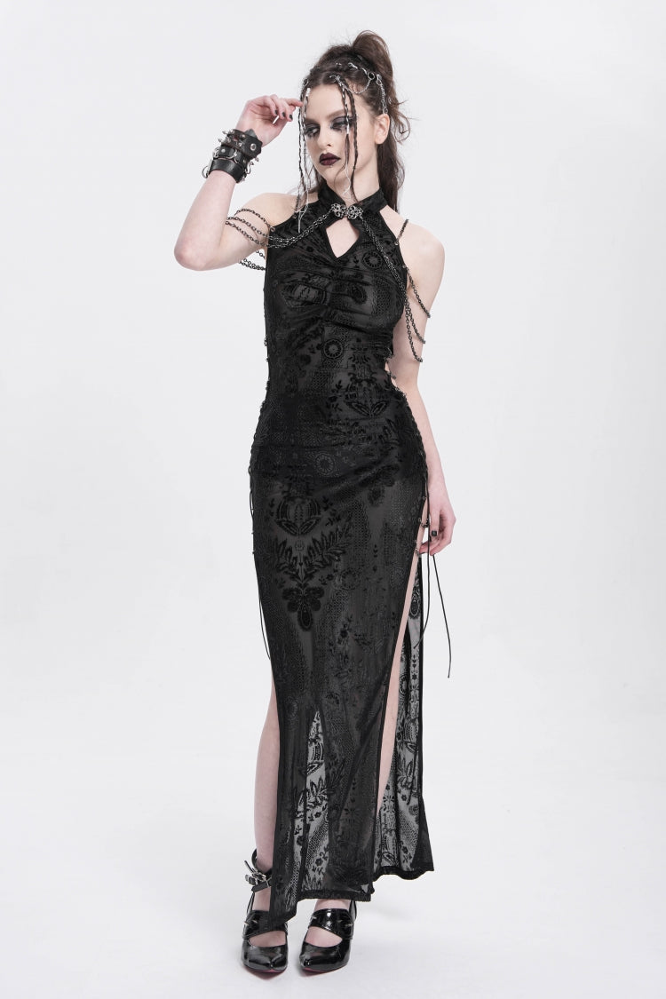Stylish Black Cheongsam Collar Side Slit Embroidered Sleeveless Halter Gothic Dress