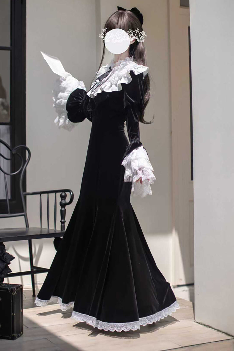 Velvet Hime Sleeve Ruffle Bowknot Gothic Lolita Fishtail Dress Black