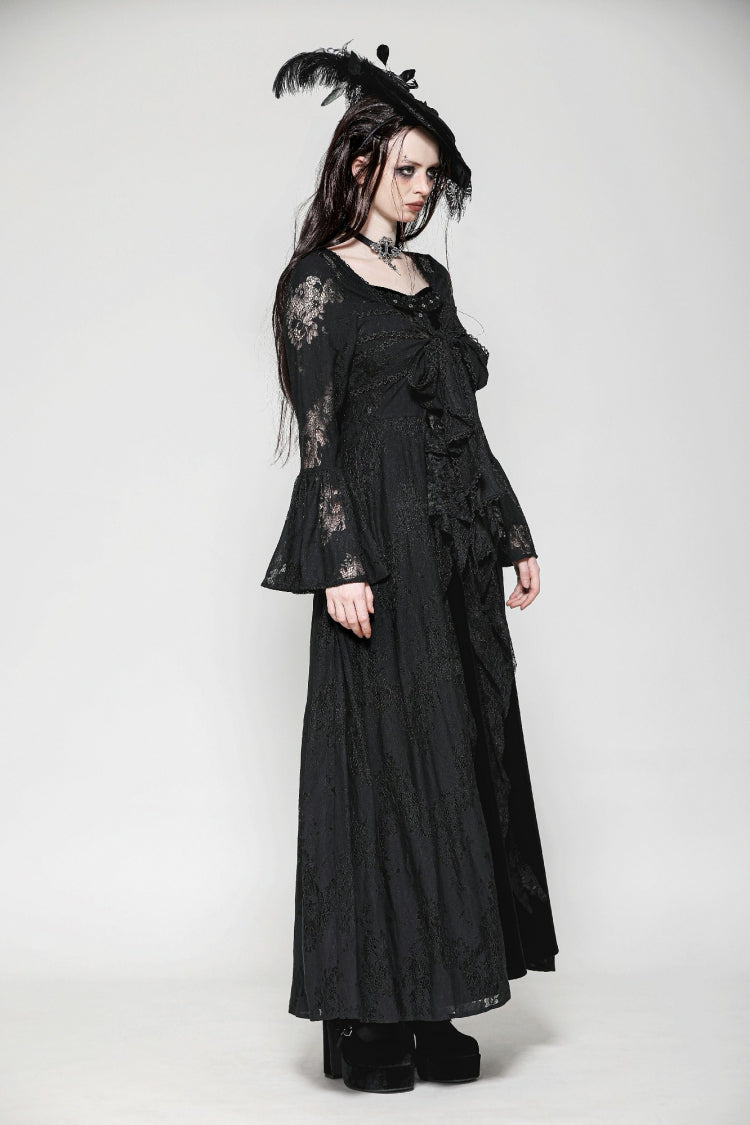 Jet-Black Elegant Robe with Lace Trim and Lacing for Women