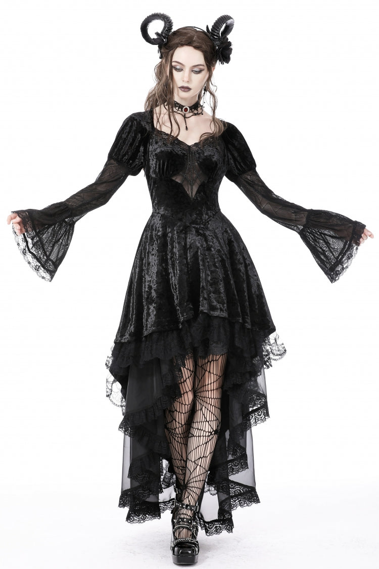 Onyx Velvet Gown with Puffed Sleeves and Asymmetric Lace Trim