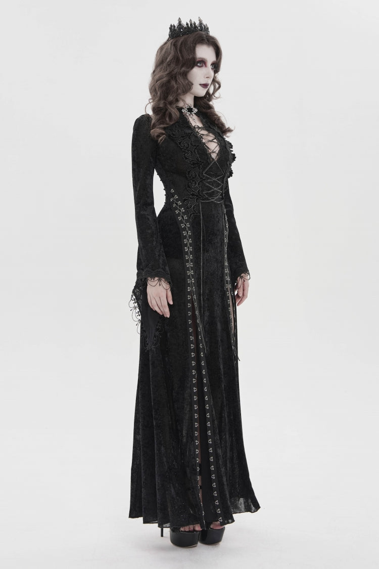 Dramatic Black Hanayome Lace Lace-Up Chain-Decorated Trumpet Sleeve Halter Gothic Plunging Split Maxi Gown