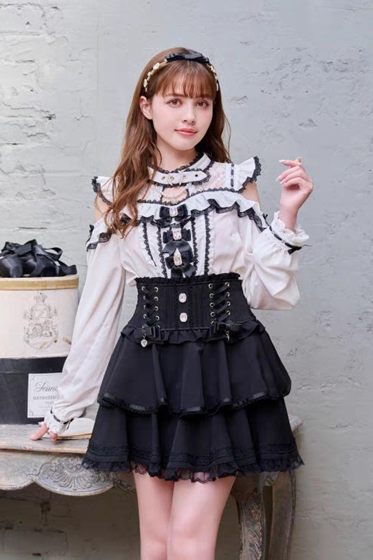 Chic Off-Shoulder Bow-Embellished Lace Blouse with Choker in Three Tones