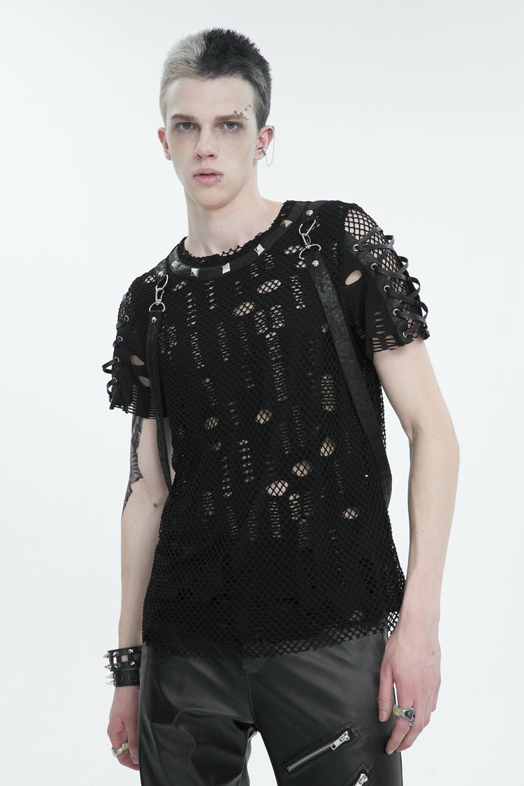 Punk T-Shirt for Men with Half Hollow Shoulder Tie Accent