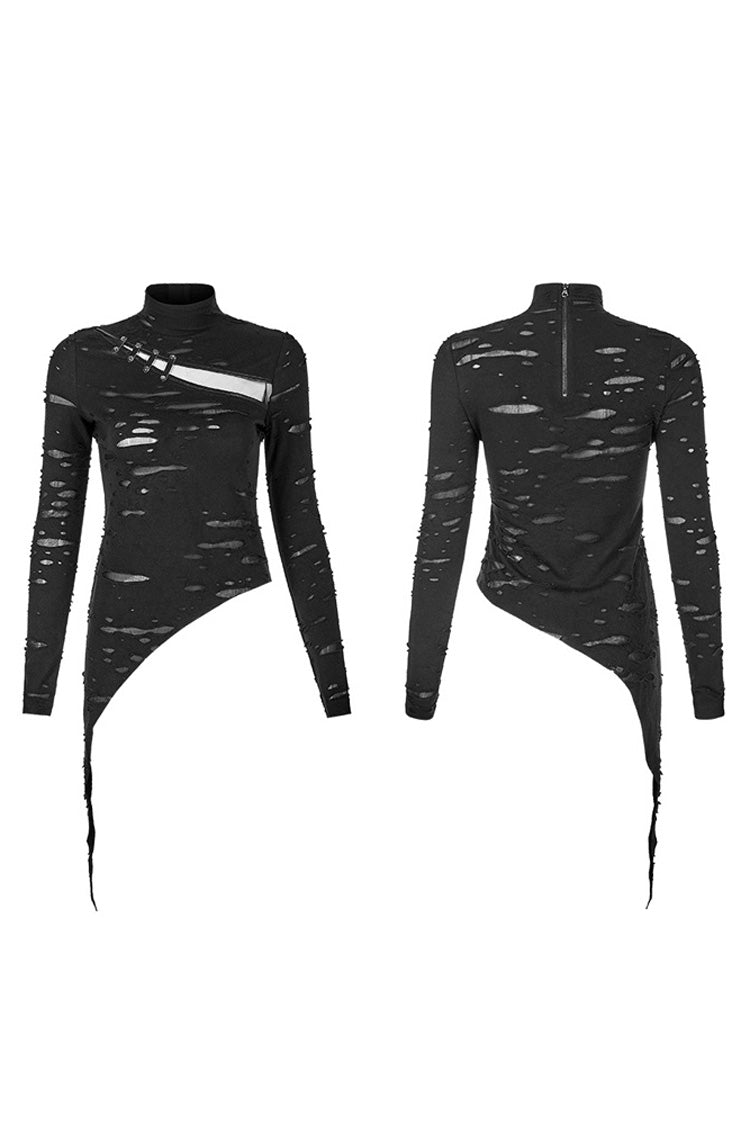 Jet-Black Mesh Top with Cutout Chest, Strappy Hem and High Neckline for Women