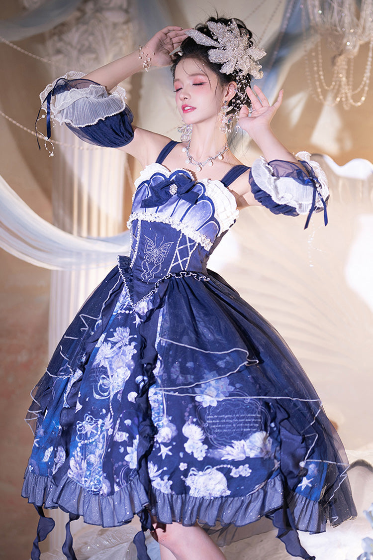 Blue Print Ruffle Lace Sweet Elegant Lolita Jsk Dress