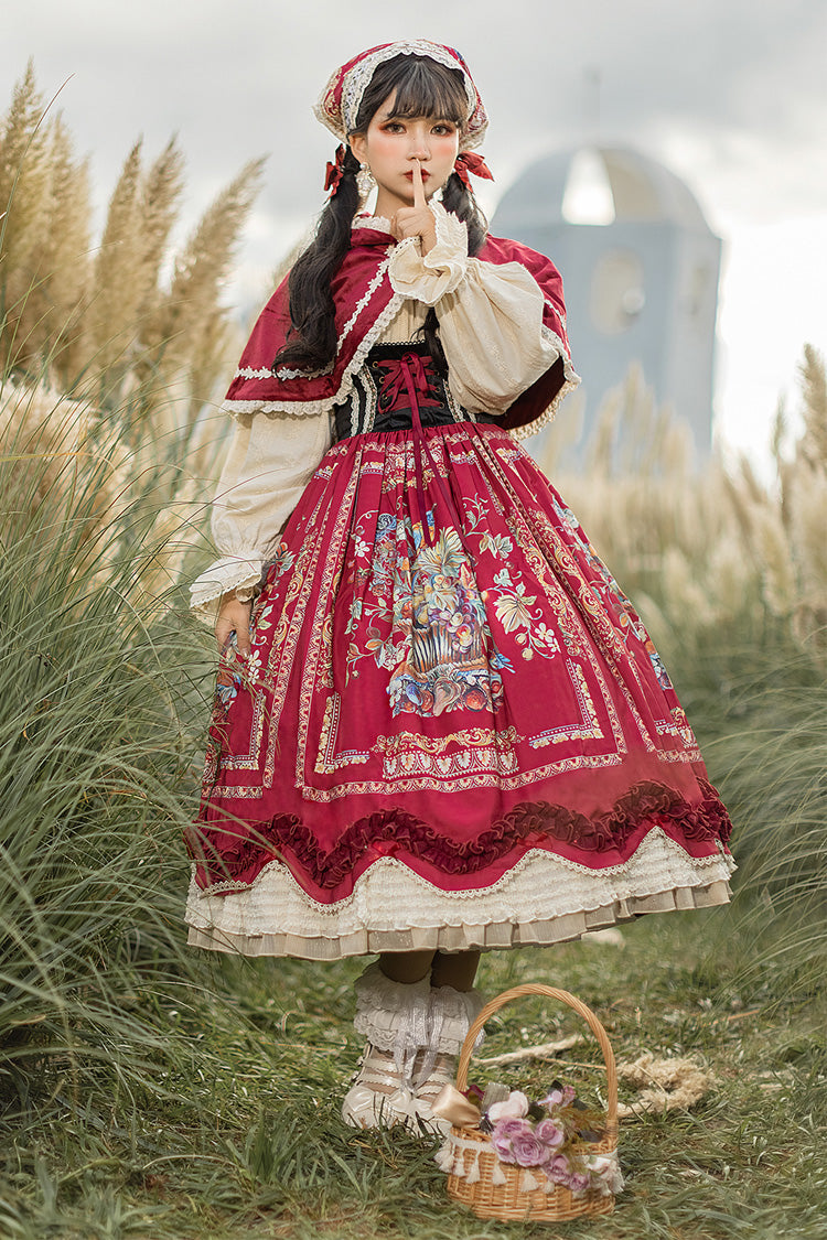 Wine Red Velvet Classic Lolita JSK Dress with Berries and Birds Print Ruffle Bowknot