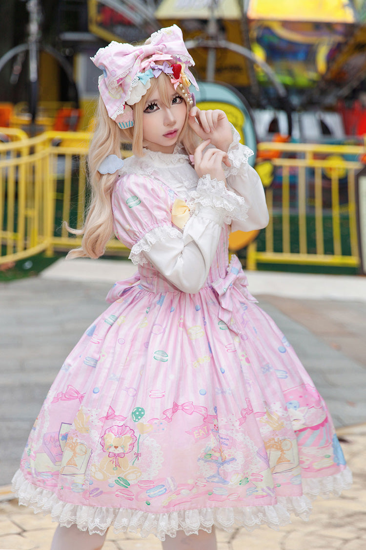 Pink Square Collar Lantern Sleeve Sweet Lolita Dress with Bow Print - Macarons Dolly House