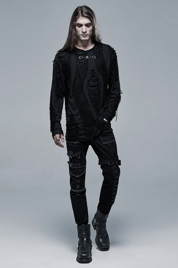 Jet Crewneck Long-Sleeve Double-Layer Distressed Gothic Blouse for Men