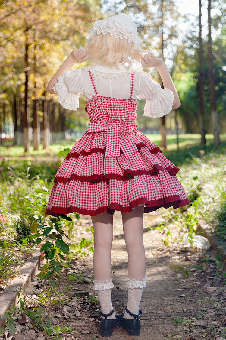 Red Triple-Layered Plaid Ruffle Bow Sweet Lolita Dress