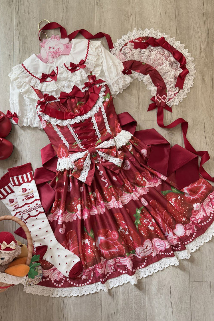 Strawberry Print Ruffled Bow Lace Sweet Lolita JSK