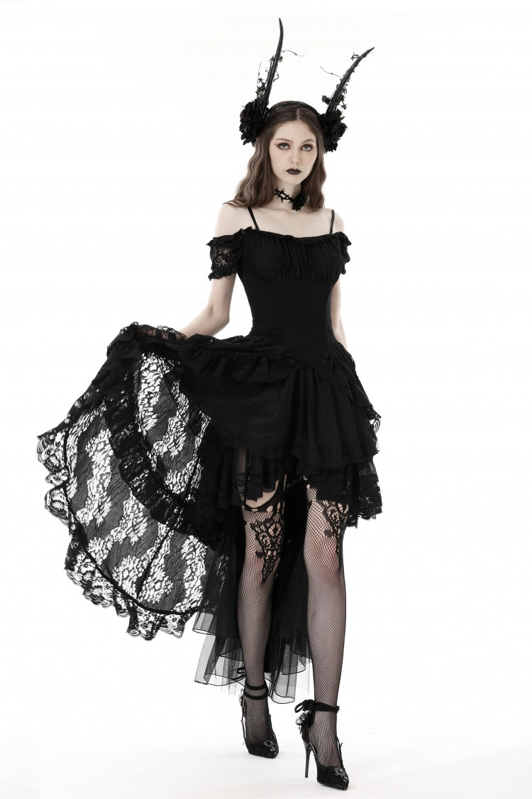Black Boat Neck Off-Shoulder Short Puff Sleeve Ruffled Lace Lace-Up Irregular Gothic Dress
