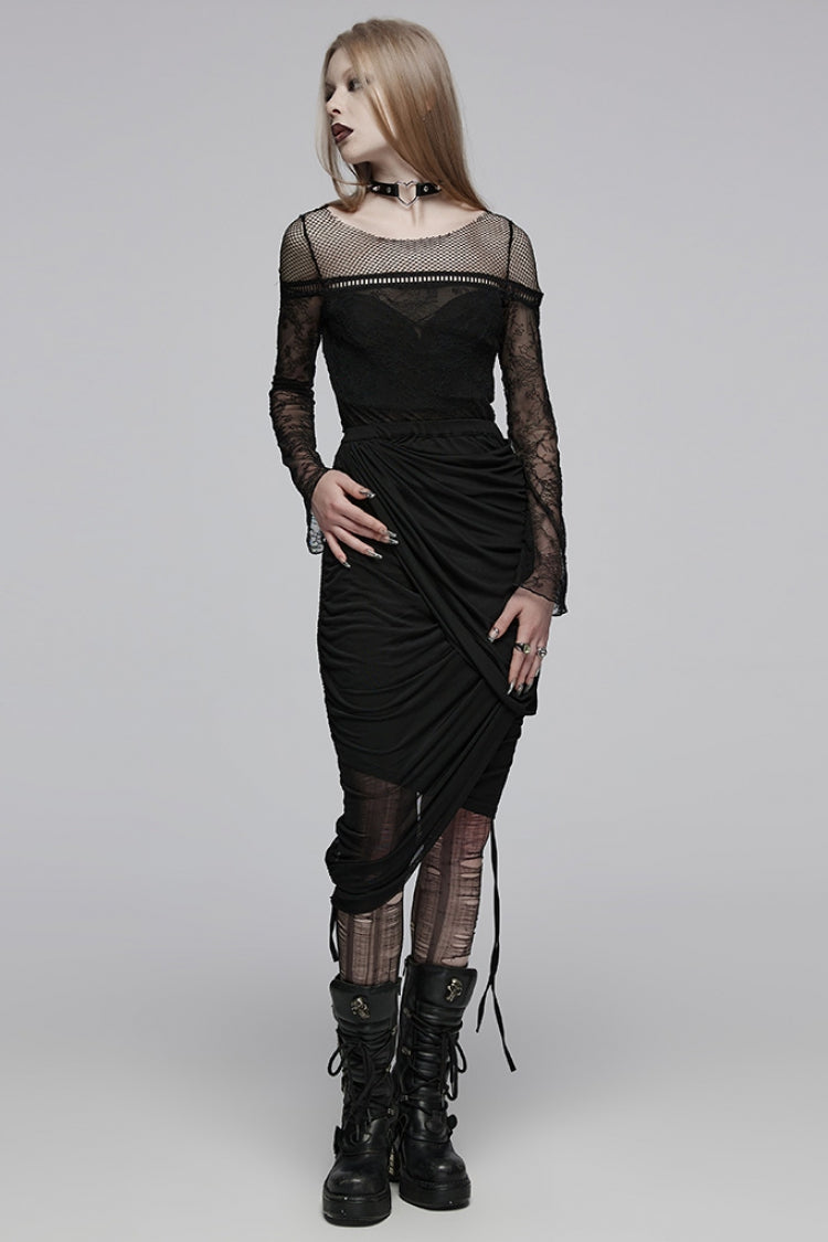 Ebony Crewneck Long-Sleeve Lace-Stitched Slim Fit Gothic Tee for Women