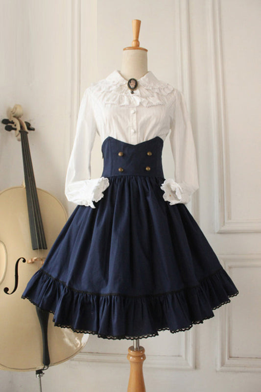 Dark Blue Vintage High-Waisted Fishbone Gothic College Skirt