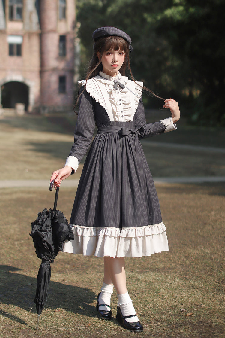 Striped Ruffle Bowknot Long Sleeve College Style Lolita Dress Dark Blue