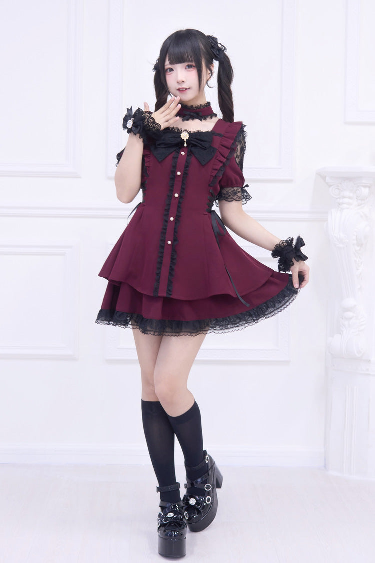 Crimson Waltz Ruffled Bow Gothic Jirai Dress Ensemble