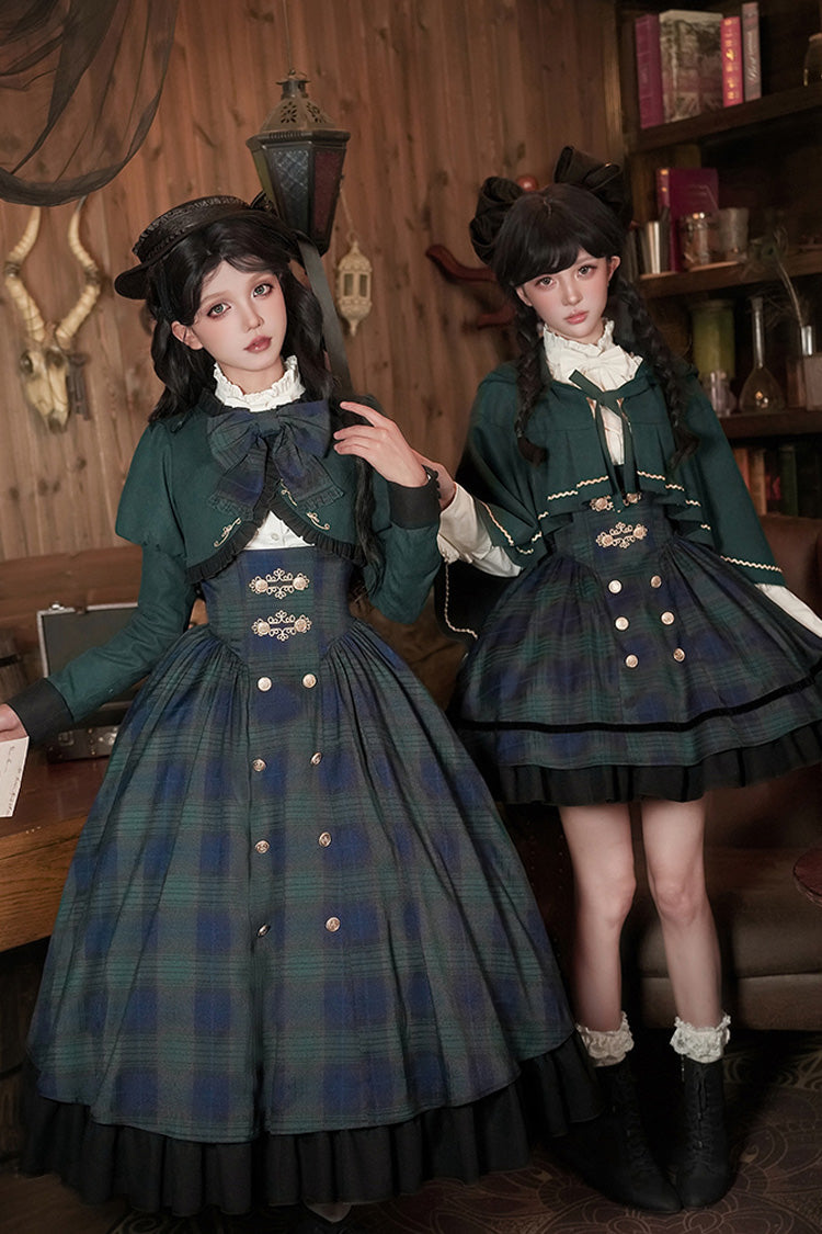 Blue Green Berlin Letter Double-Layered Plaid Print Ruffle Bowknot Classic College Style Lolita Strap Dress Set