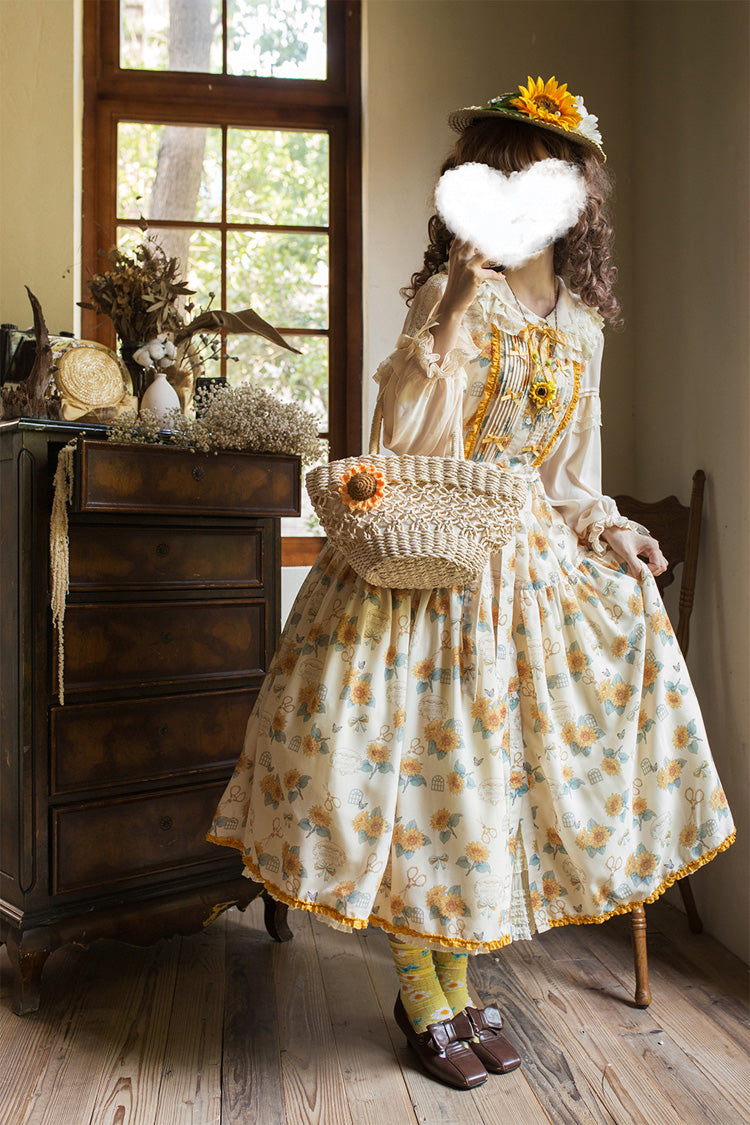 Apricot Sweet Elegant Lolita JSK Dress with Sleeveless Print Ruffles and Bowknot Accents