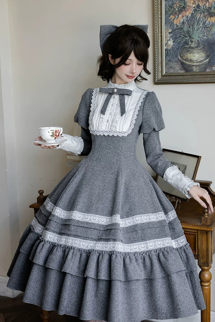 Classic Elegant Lolita Dress with Stand Collar and Ruffled Bow - Grey