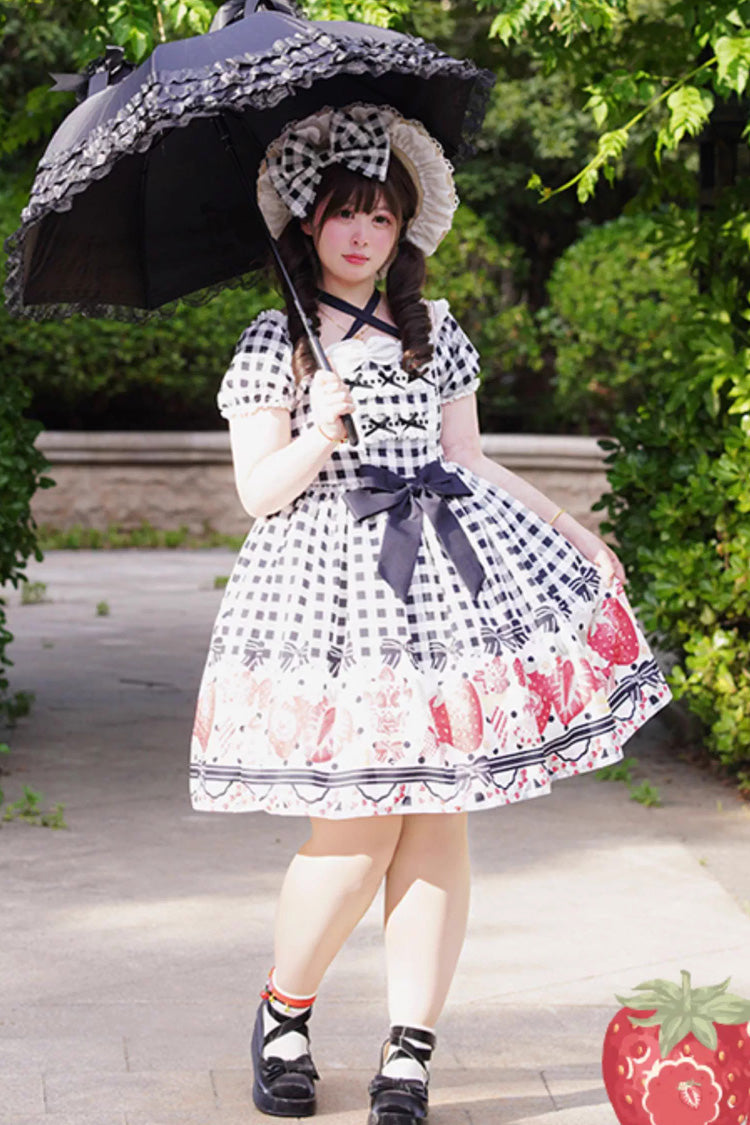 Strawberry Plaid Print Bowknot Sweet Plus Size Princess Black Short Sleeves Dress