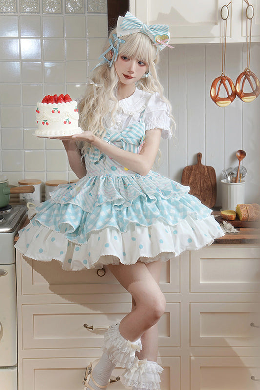 Sleeveless Triple-Layer Print Bow Sweet Lolita Jumper Dress - Blue