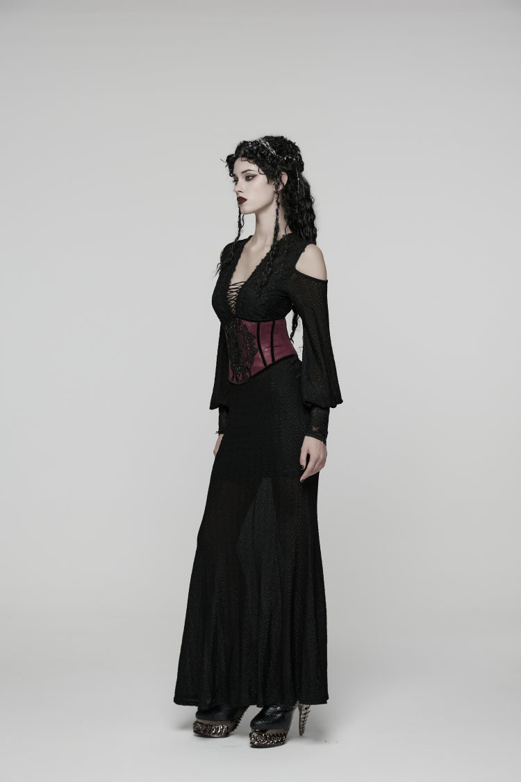 Crimson Lace Floral Slim Corset with Side Zip and Lacing