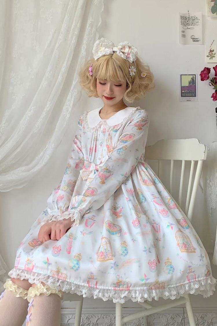 White Apricot Long Sleeve Print Bow Lace Sweet Plus Size Lolita Dress
