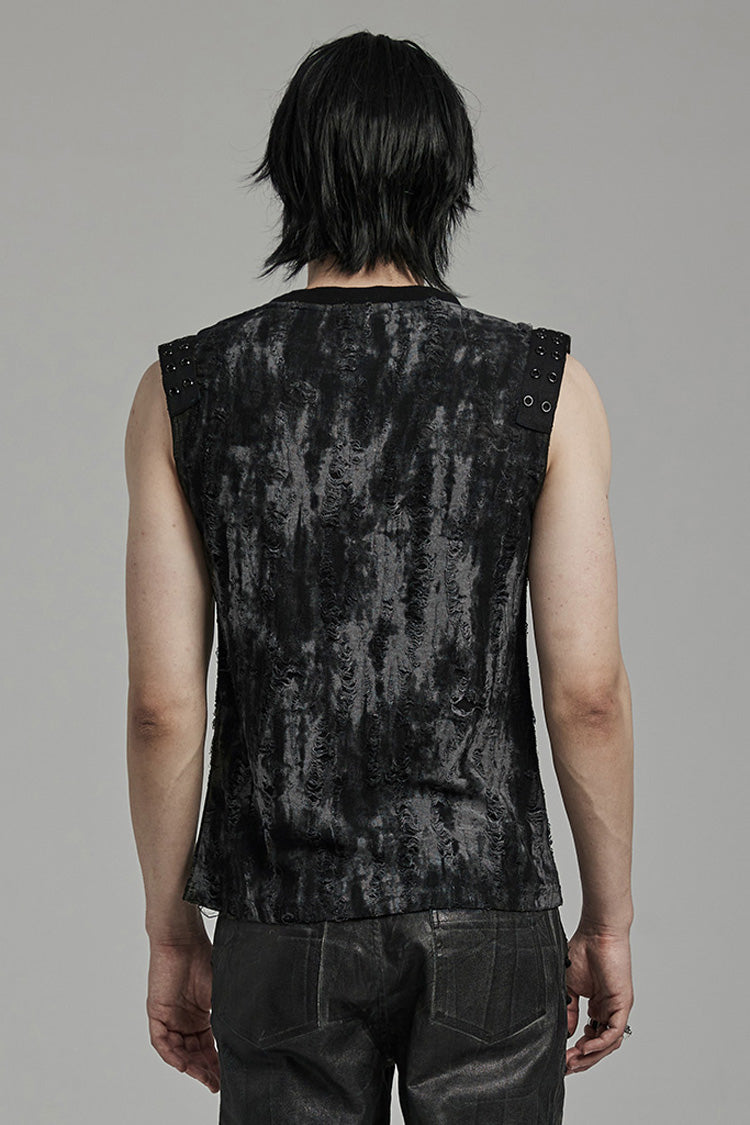 Distressed Eyelet Round Neck Sleeveless Graphic Tank - Gothic