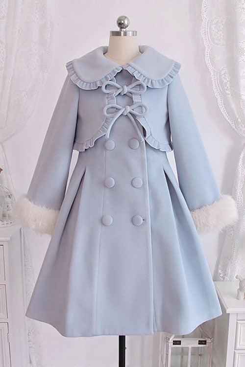 Azure Woolen Coat with Bow - Double Breasted Lolita