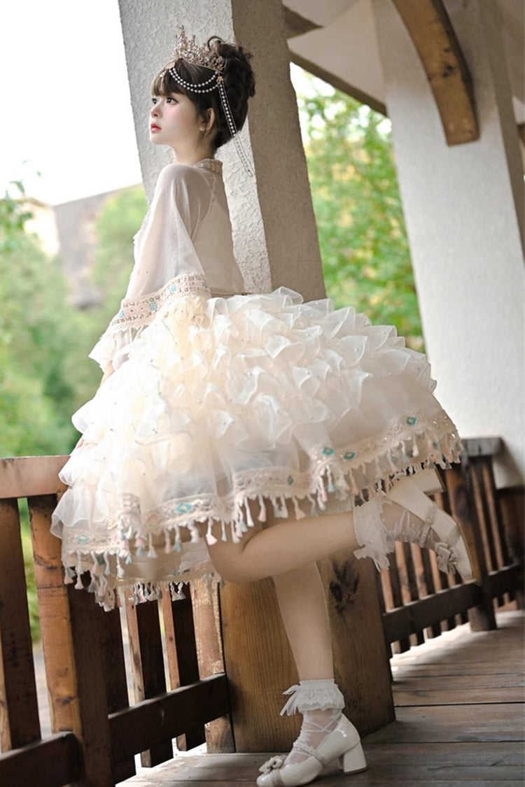 Apricot Princess Lolita Chiffon Skirt Set with Multi-Layer Ruffles and Bowknot Accents
