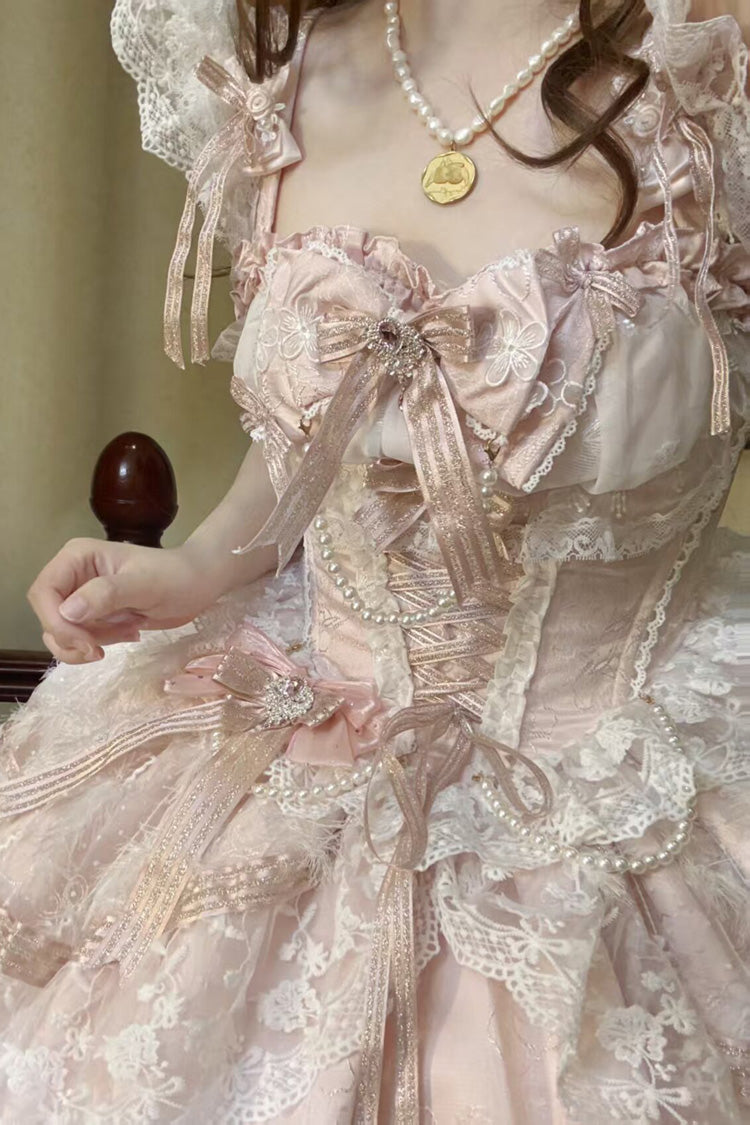 Anna's Ball Square Collar Ruffled Hanayome Bow Lace Ballet JSK - Pink