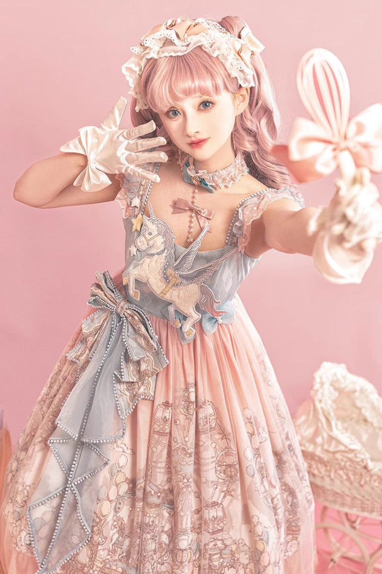 Cloud Paradise Print Ruffle Embroidery Bow Lace Sweet JSK Dress in Pink