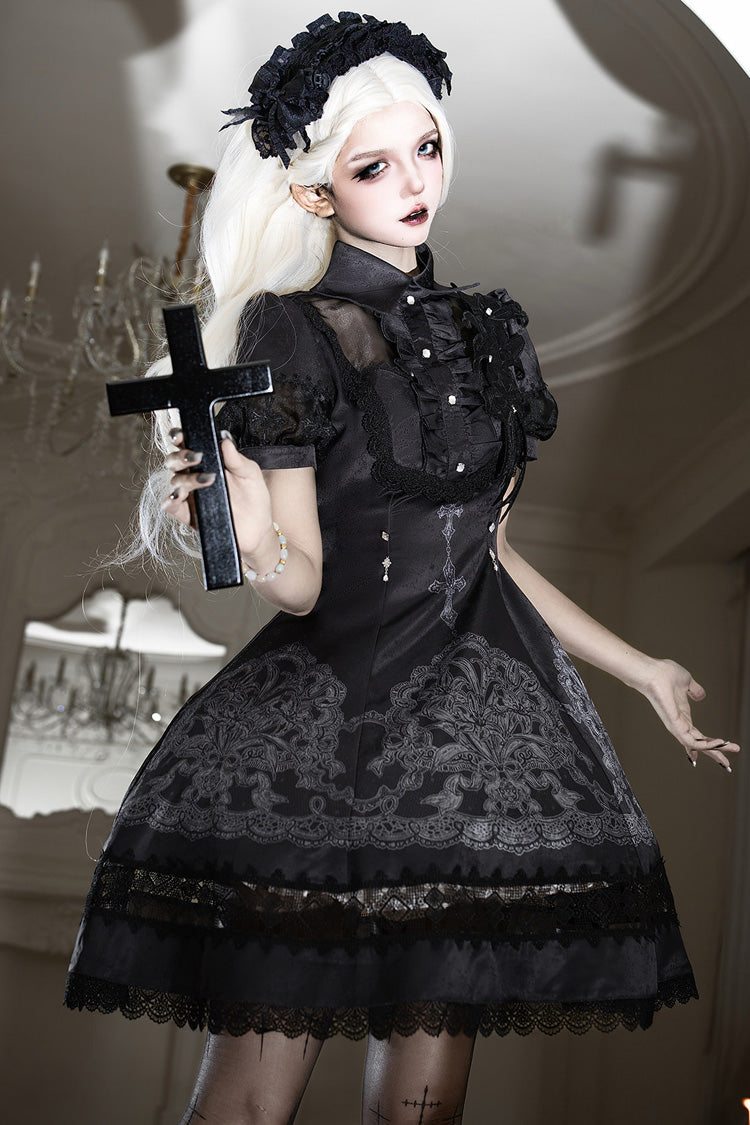 Black Classic Gothic Dress with Embroidered Lace