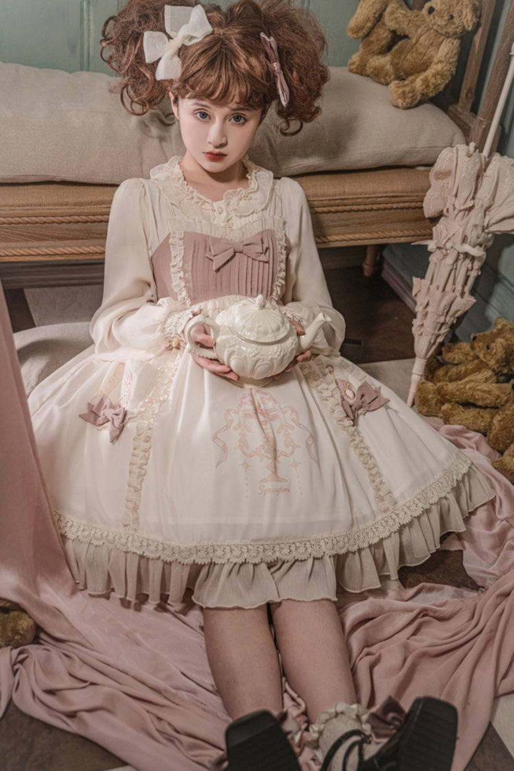 White & Pink Sleeveless Good Night Bear Print Cute Lolita Dress