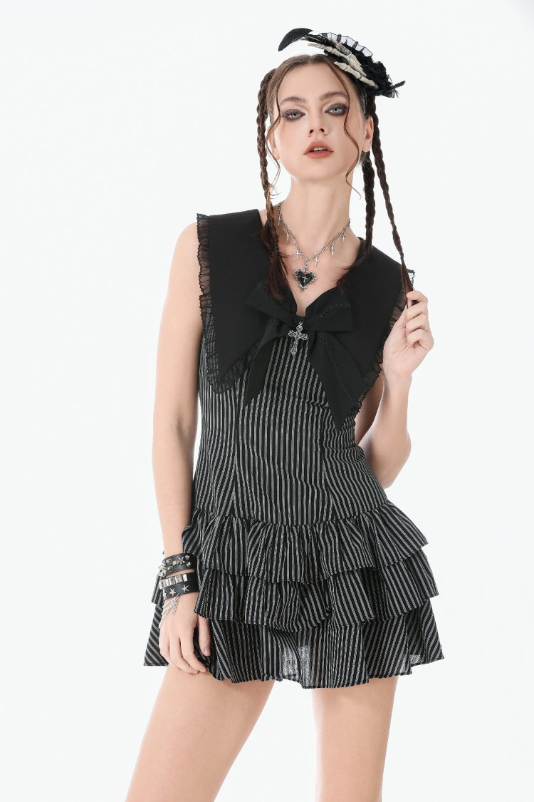 Bow Lace-Up Pinstripe Layered Sleeveless Dress - Gothic