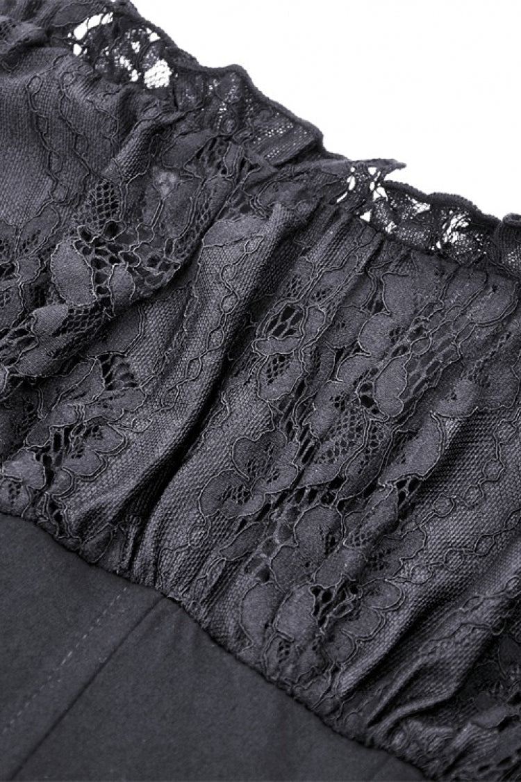 Black Boat Neck Off-Shoulder Short Puff Sleeve Ruffled Lace Lace-Up Irregular Gothic Dress