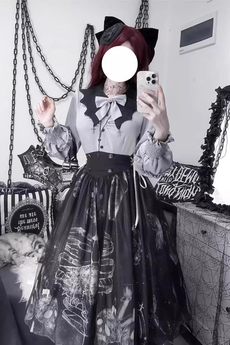 Black Printed Gothic Punk Skirt Set - Halloween Elegant Lolita