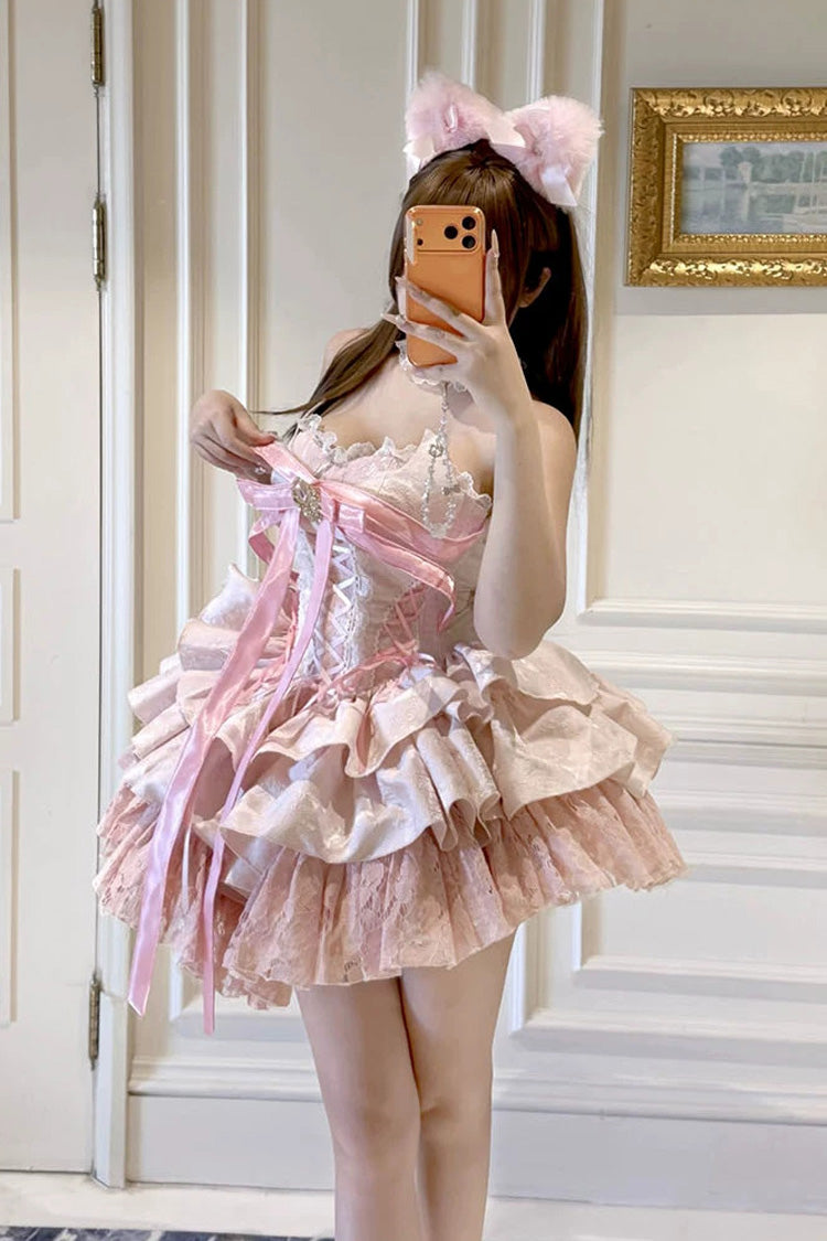 Princess Ballet Sweet Lolita JSK Dress with Ruffled Bow and Lace-Up - Pink