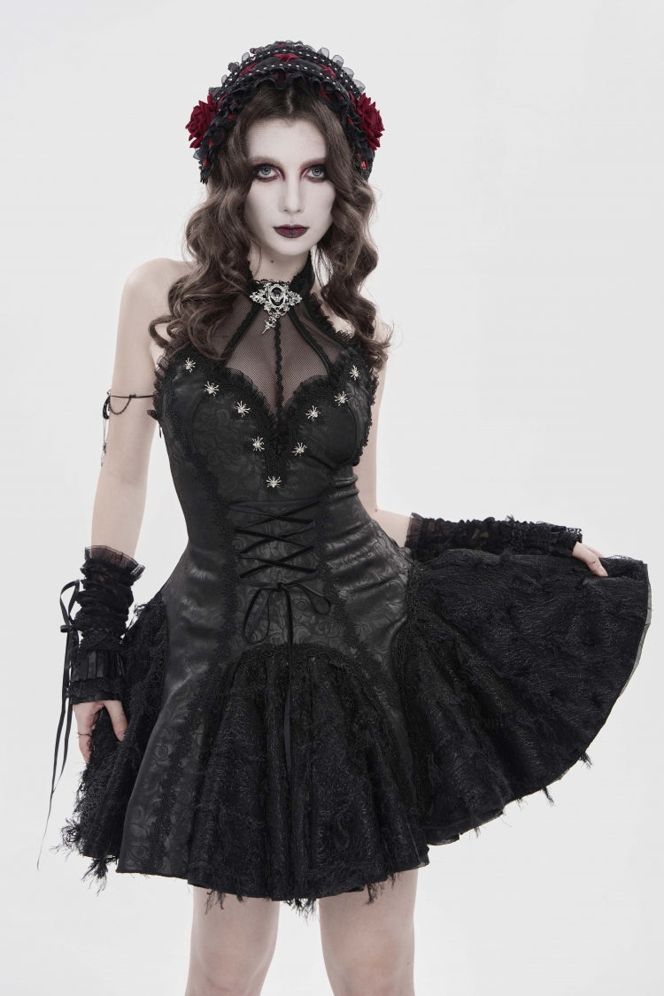 Off Shoulder Sleeveless Printed Spliced Lace Lace-Up Pleated Gothic Dress