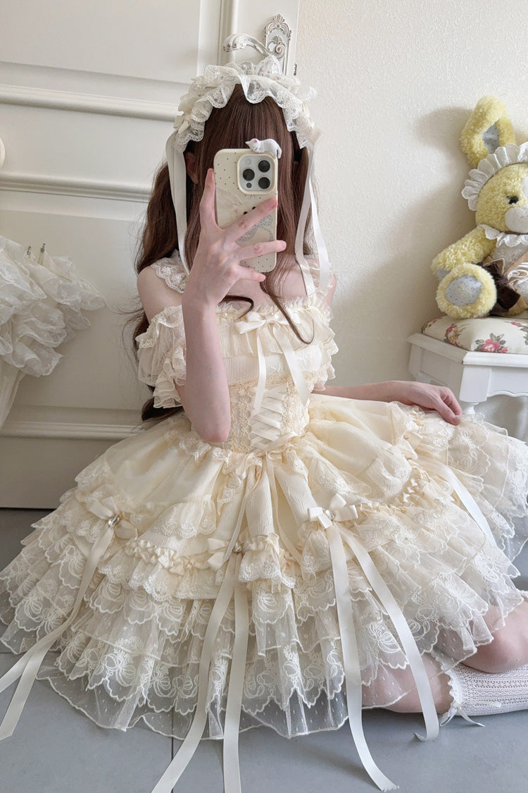 Apricot Princess Ballet Lolita JSK Dress with Multi-Layer Ruffles Bowknot Lace-Up Design