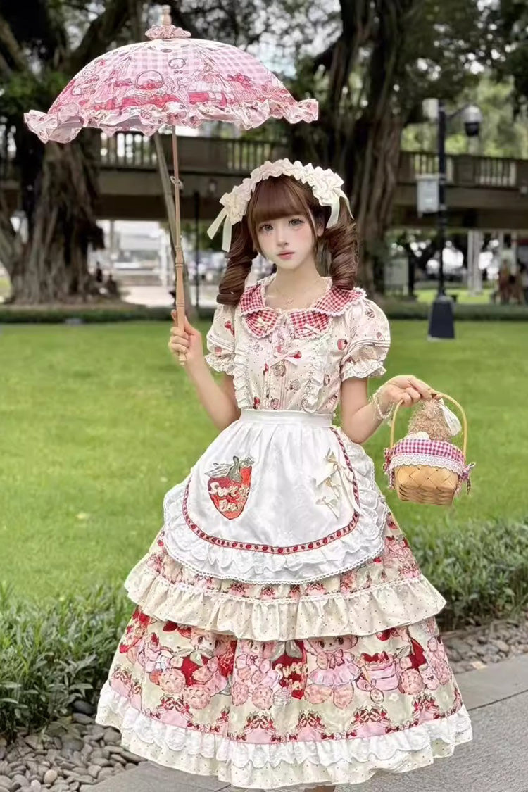 Cream Bear Strawberry Ode Print Short Sleeve Double-Layer Frilled Bow Princess Sweet Lolita JSK Dress