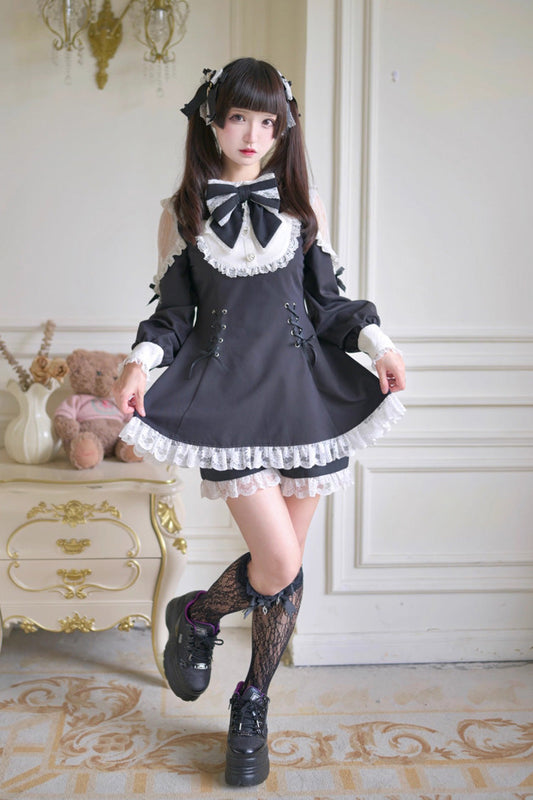 Black and White Divine Love Cut-Out Bow Lace-Up Dress and Shorts Set