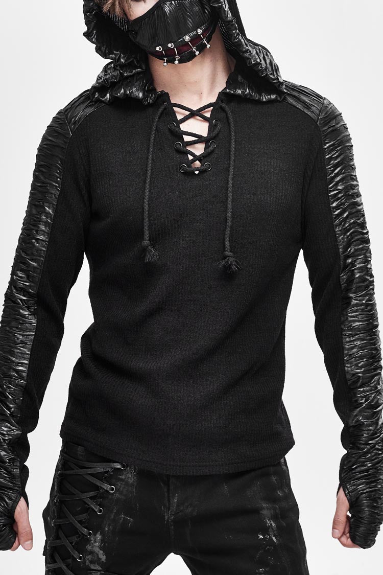 Men's Punk T-Shirt with Striped Wool Hood Lace-Up Crimped Fabric