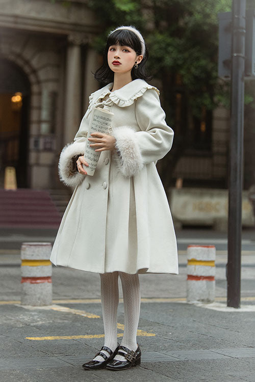 Ivory Woolen Coat with Bow - Double Breasted Lolita