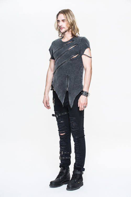 Punk Faded Zip-Up Tee with Rock Motif for Men