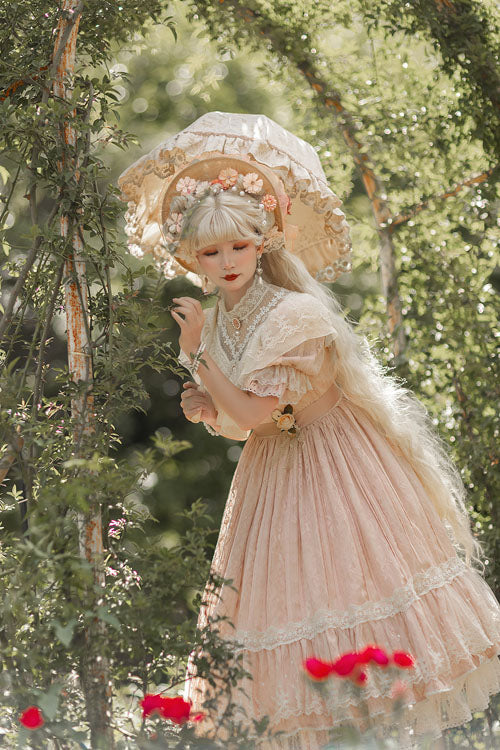 Rose Print Lolita OP Dress with Multi-Layer Ruffles, Sweet Style