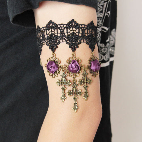 Gothic Lolita Retro Wedding Purple Rose Cross Black Lace Armband Bracelet