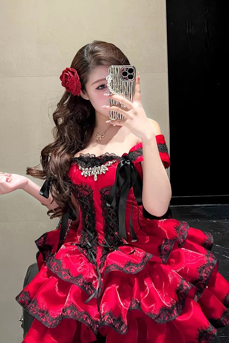 Sweet Lolita JSK Dress with Ruffled Lace and Lace-Up Back - Red